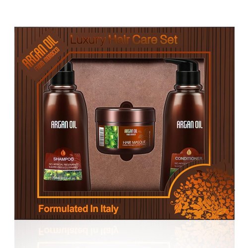 Moroccan Argan Oil Shampoo & Conditioner Set - Intense Moisturizing Hair Treatment with Mask | Color Safe, UV Protection, 3-Pack Gift Box