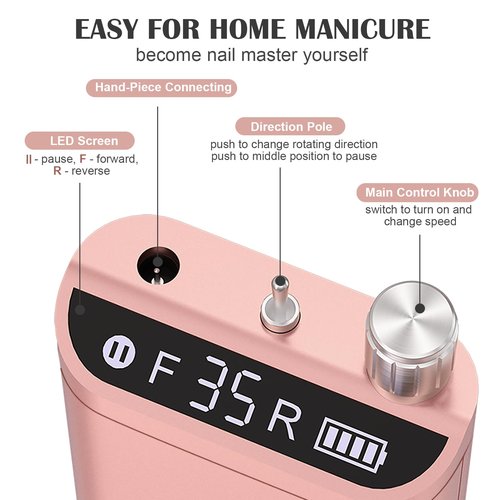 Kredioo Nail Drill, Nail Drills for Professional Acrylic Nails 35000RPM Electric File Machine Rechargeable Portable with 10 Bits Remove Gel Polish Salon Quality Manicure-Gold