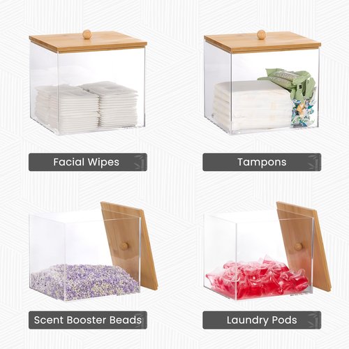 Puricon Acrylic Disposable Facial Towels Holder, Clear Storage Bin with Wood Lid Compatible with Clean Skin Club Towel (NOT Included), Face Towelettes Container for Bathroom Counter -Original