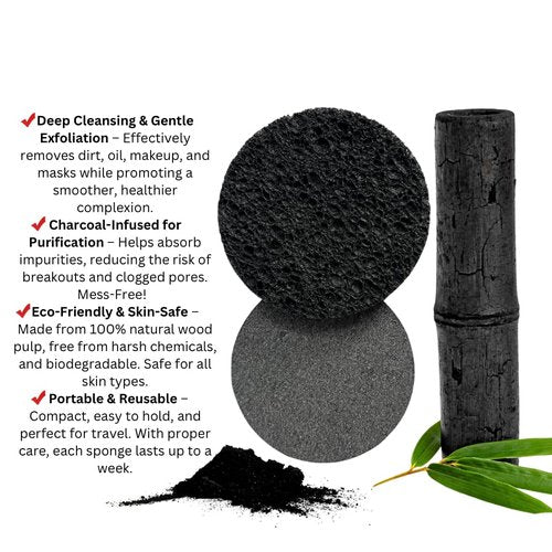 Facial cleansing sponge, 50-Count Bamboo Charcoal-Infused Compressed Cellulose Sponges, 100% Natural Wood Pulp, Biodegradable Exfoliating Spa Sponge, Makeup Remover