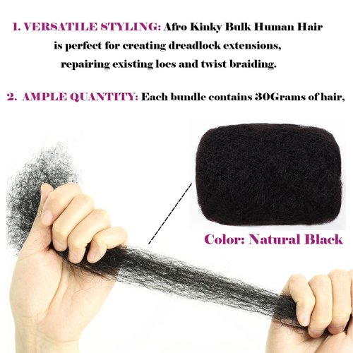 Afro Kinky Bulk Human Hair For Dreadlock Extensions Repair Locs,Twist Braiding, 100% Human Braiding Hair ，30Grams each bundles Total (#1B#grey 3pc) 8 Inch