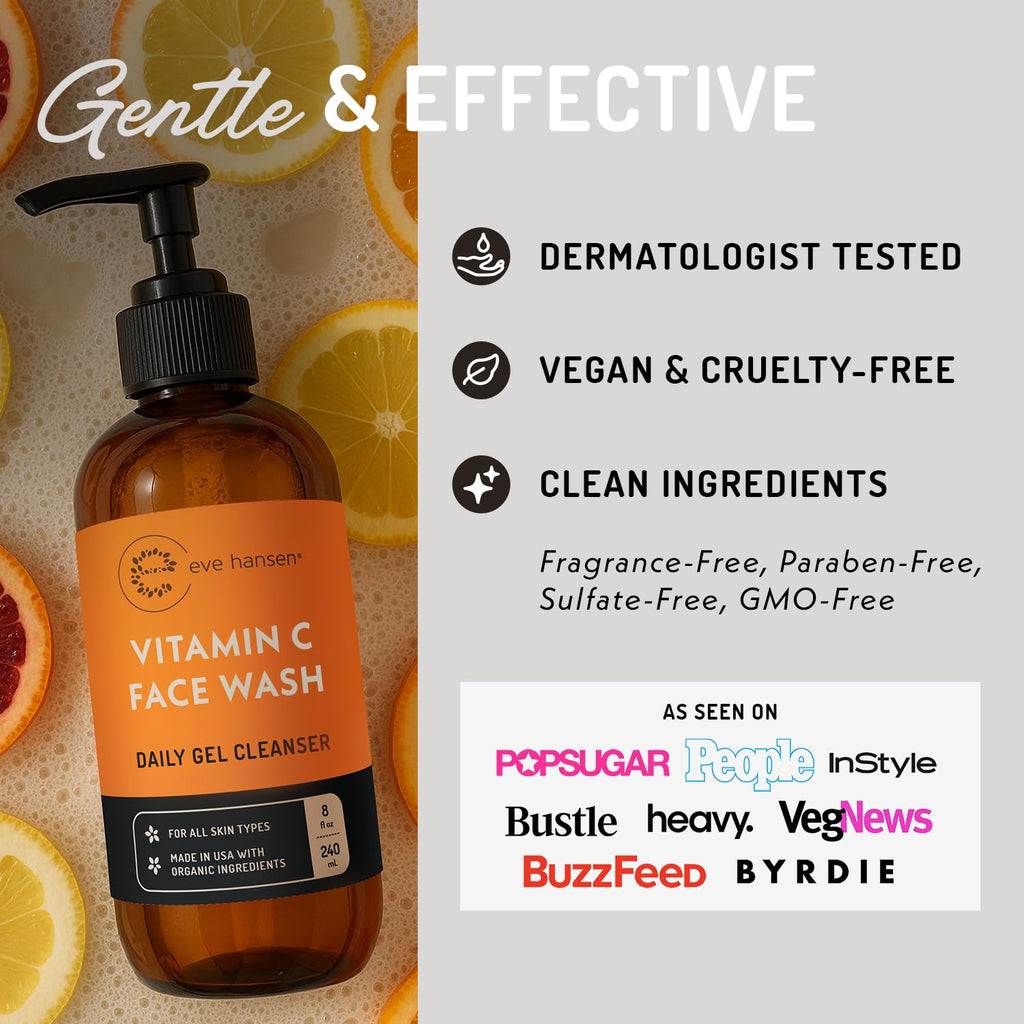 Vitamin C Cleanser Face Wash - HUGE 8 oz Gentle Facial Cleansing Gel for Uneven Skin Tone, Age Spots and Fine Lines - Natural Face Soap with Aloe Vera, Green Tea, Ginseng
