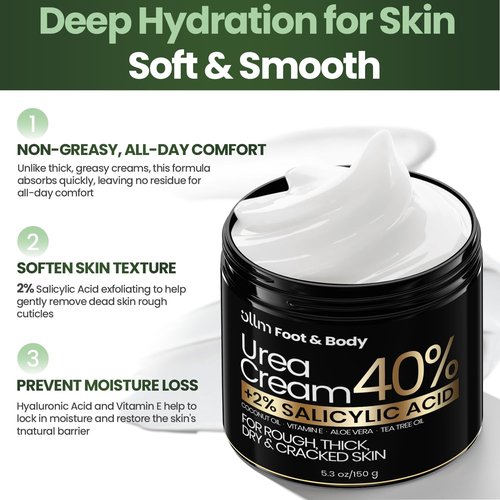 Urea Cream 40 Percent for Feet - Foot Cream for Dry Cracked Heels, 2% Salicylic Acid for Callus Remover, Maximum Strength Repair Skin, Soft & Smooth 40% Urea Lotion Moisturizer Elbows Hands Knees