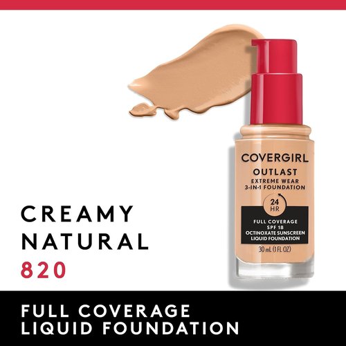 Covergirl Outlast Extreme Wear Foundation - Full Coverage Liquid with SPF 18 | Creamy Natural, 1 Fl. Oz.