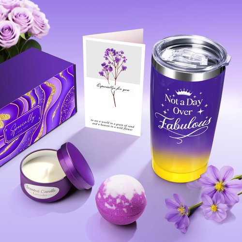 Valentines Day Birthday Gifts Set for Women Her Mom Wife Girlfriend Friend - Purple Self Care Spa Relaxation Gift Basket Set with Novelty Stainless Steel Coffee Tumbler, Lavender Candle, Bath Bomb