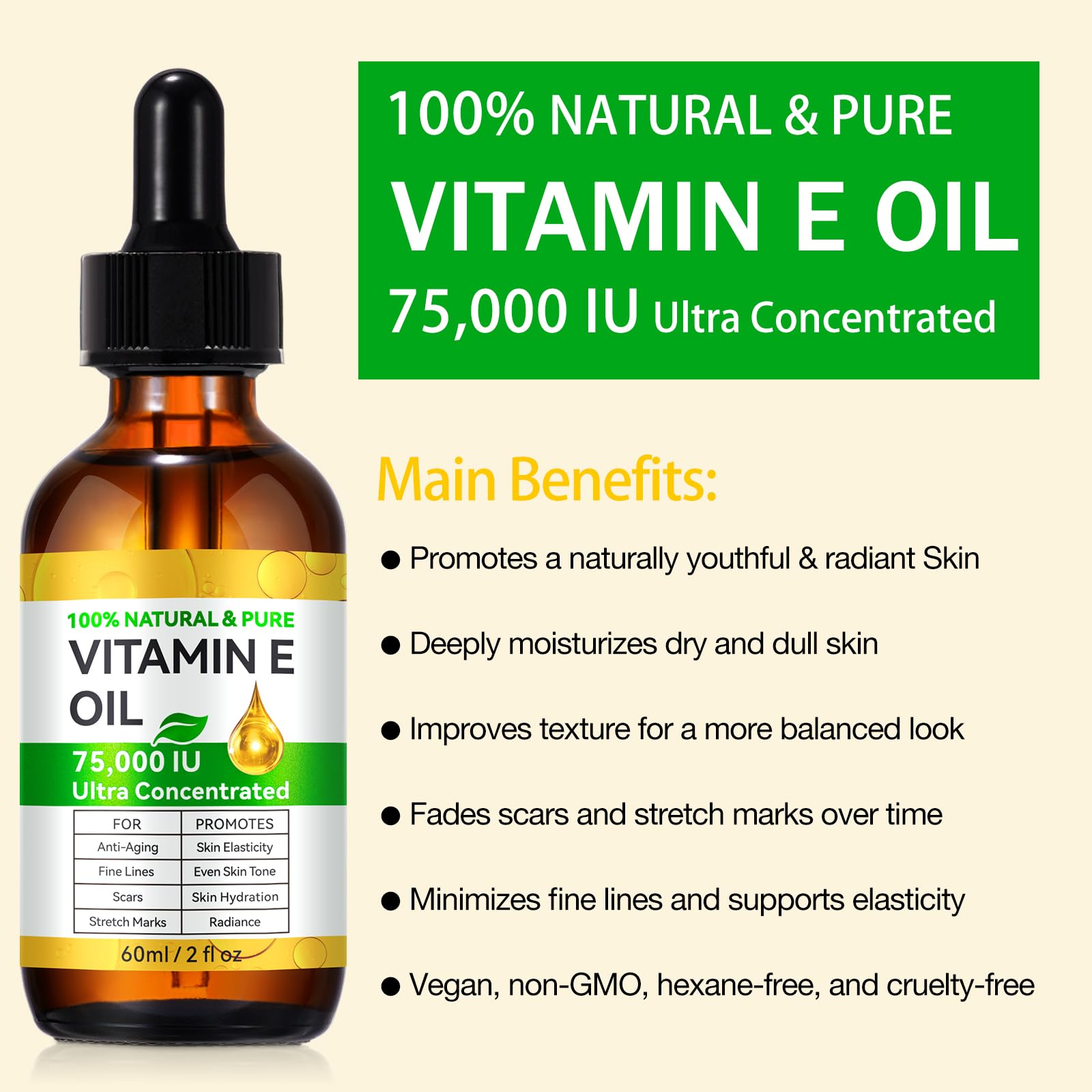 Vitamin E Oil, 75,000 IU, 100% Pure Vitamin E Oil for Skin, Hair & Nails, Hydrating Dry Skin, Face and Body Moisturizer, Reduce Stretch Marks, Wrinkles, 2Fl Oz