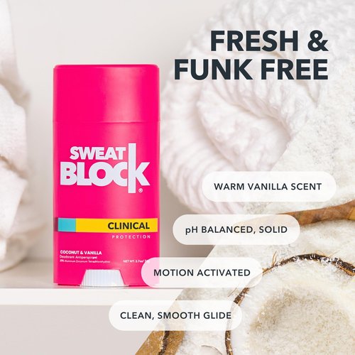 SweatBlock Antiperspirant Deodorant System | MAXIMUM CLINICAL STRENGTH for Men & Women | Hyperhidrosis Aid for up to 7 Days Sweat Control | Roll On 1.2 fl oz + Coconut & Vanilla Deo Stick 2.7oz