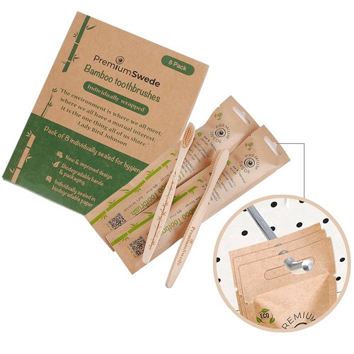 Premiumswede Bamboo Toothbrushes Soft Bristles Adult - 8 Pack Eco-Friendly Bamboo Toothbrushes Individually Wrapped - Sealed Soft Bristle Toothbrush - Biodegradable Natural Wooden Toothbrush