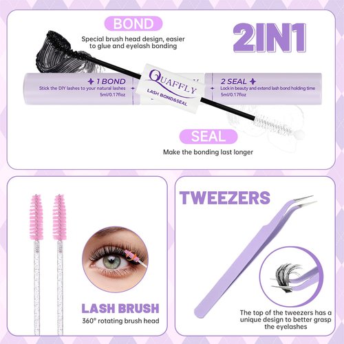 DIY Lash Extension Kit 100D+150D Volume Lash Clusters with Spikes Lash Extension Kit Bottom Lashes Wispy Cluster Eyelash Extensions Kit with Lash Bond and Seal Tweezer Brush Easy To Apply