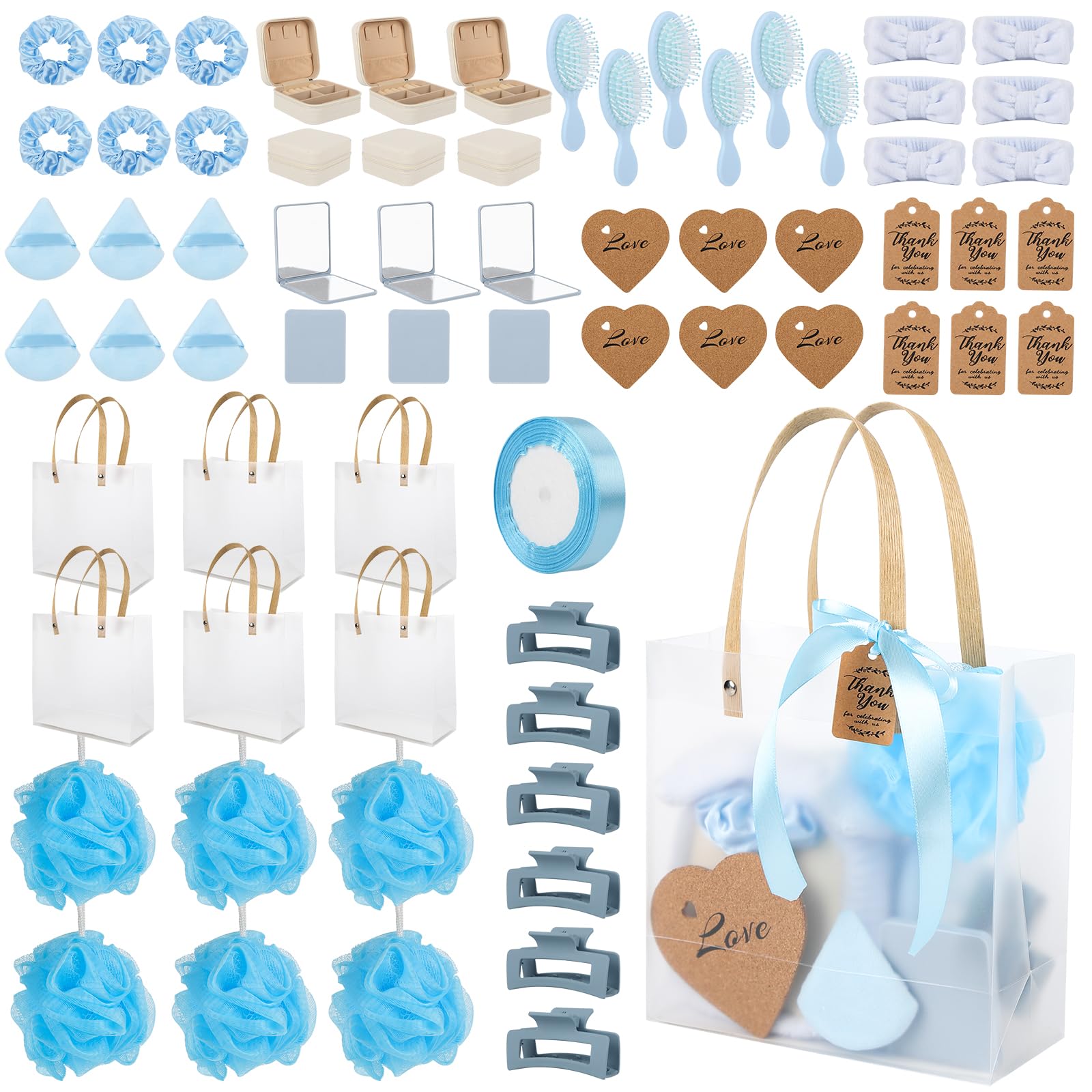WAYASDCU 6 Sets Baby Shower Prizes for Game Winners Bath Sponges Heart Cork Coaster Headband Hair Brush Jewelry Box Compact Mirror Powder Puff Hair Tie Claw Gift Bag Bridal Shower