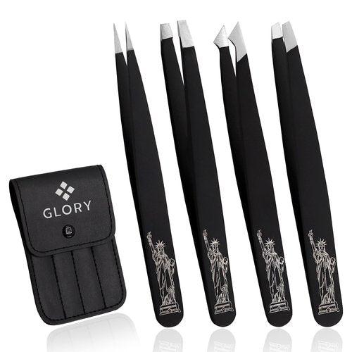 Glory 4-Pcs Precision Eyebrow Tweezers Set Professional Stainless Steel Brow Tweezers for Eyebrows, Ingrown Hair, Facial Hair, Chin Hair & Splinters with American-Inspired Design