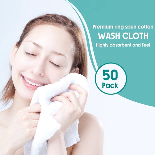 Buryeah 50 Pieces Cotton Washcloths 100% Ring Spun Cotton Wash Cloths Bulk Absorbent and Soft Feel White Towels for Bathroom, Spa, Gym and Face Cleaning (12 x 12 Inches)