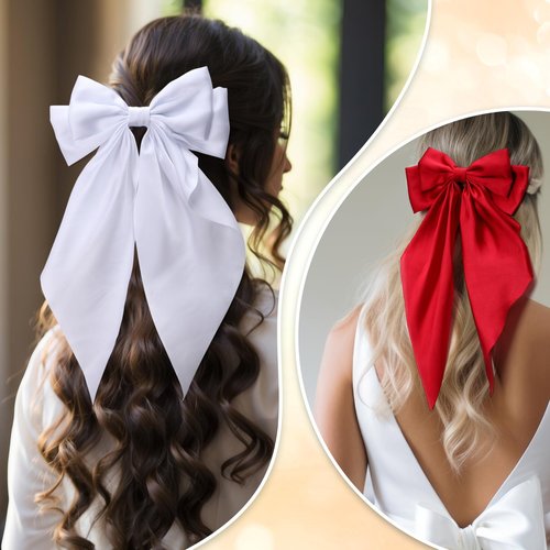 Mimorou 36 Pcs Big Hair Bows for Women Silky Satin Hair Bows Bulk Oversized Long Tail Black White Hair Bow Large Hair Ribbons Hair Clips Barrettes Bow Knot Hair Accessories Gift