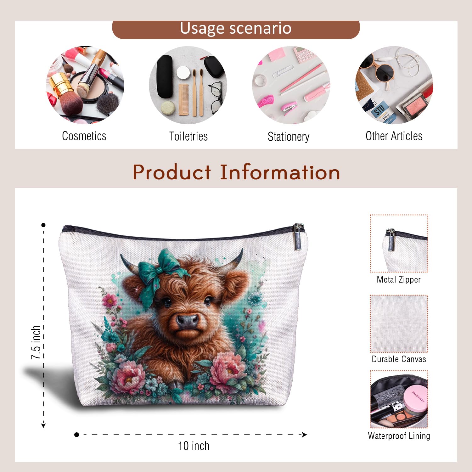 Zomhix Floral Highland Cow Makeup Bag - Teal Coquette Bow Western Cow Cosmetic Bag Toiletry Bag for Women