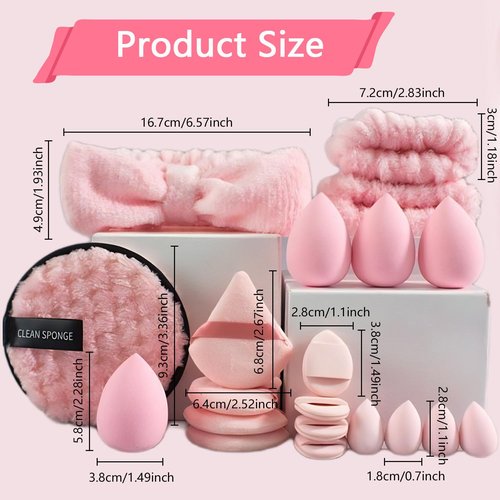 musejoy 21PCS Spa Washing Face Headband And Wristband Set Quilted Makeup Bag Sponge Triangle Powder Puff Paw Beauty Blender Mini Sponges For Foundation Reusable Remover Pads Purple