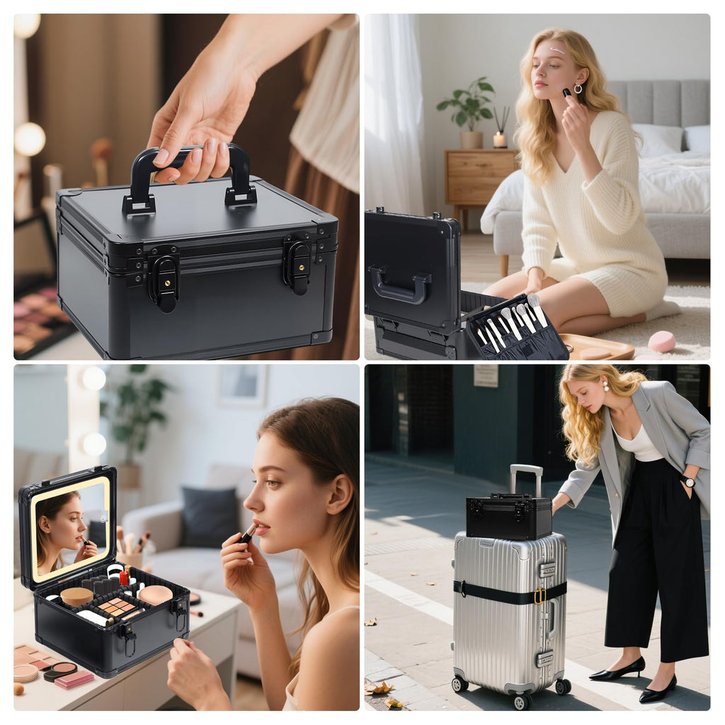 Yenovia Travel Makeup Case with Lighted LED Mirror – Waterproof Cosmetic Organizer with Adjustable Dividers, Portable Makeup Train Case for Women, Black