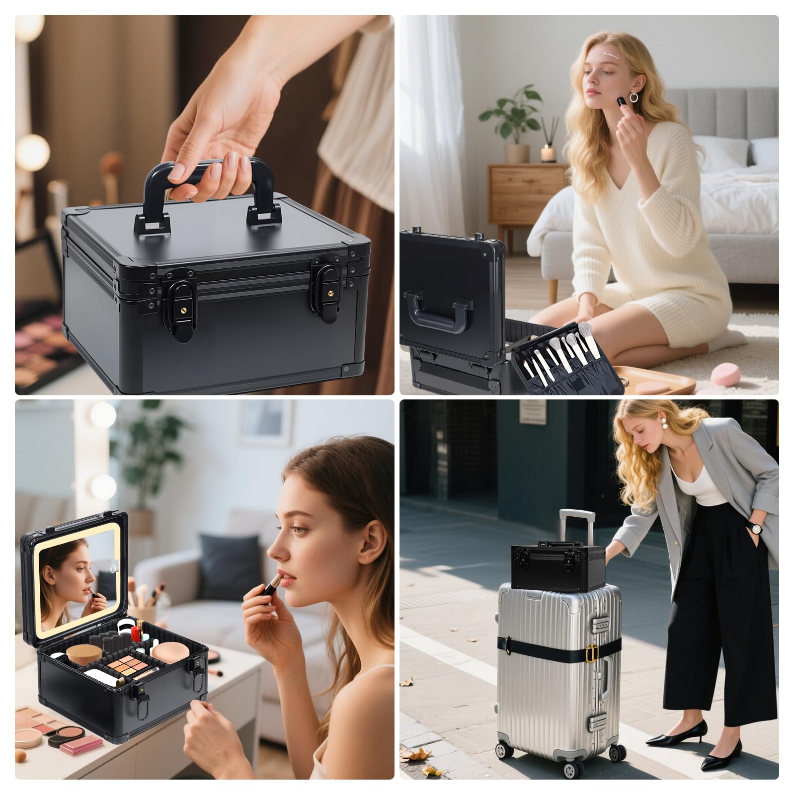 Yenovia Travel Makeup Case with Lighted LED Mirror – Waterproof Cosmetic Organizer with Adjustable Dividers, Portable Makeup Train Case for Women, Black