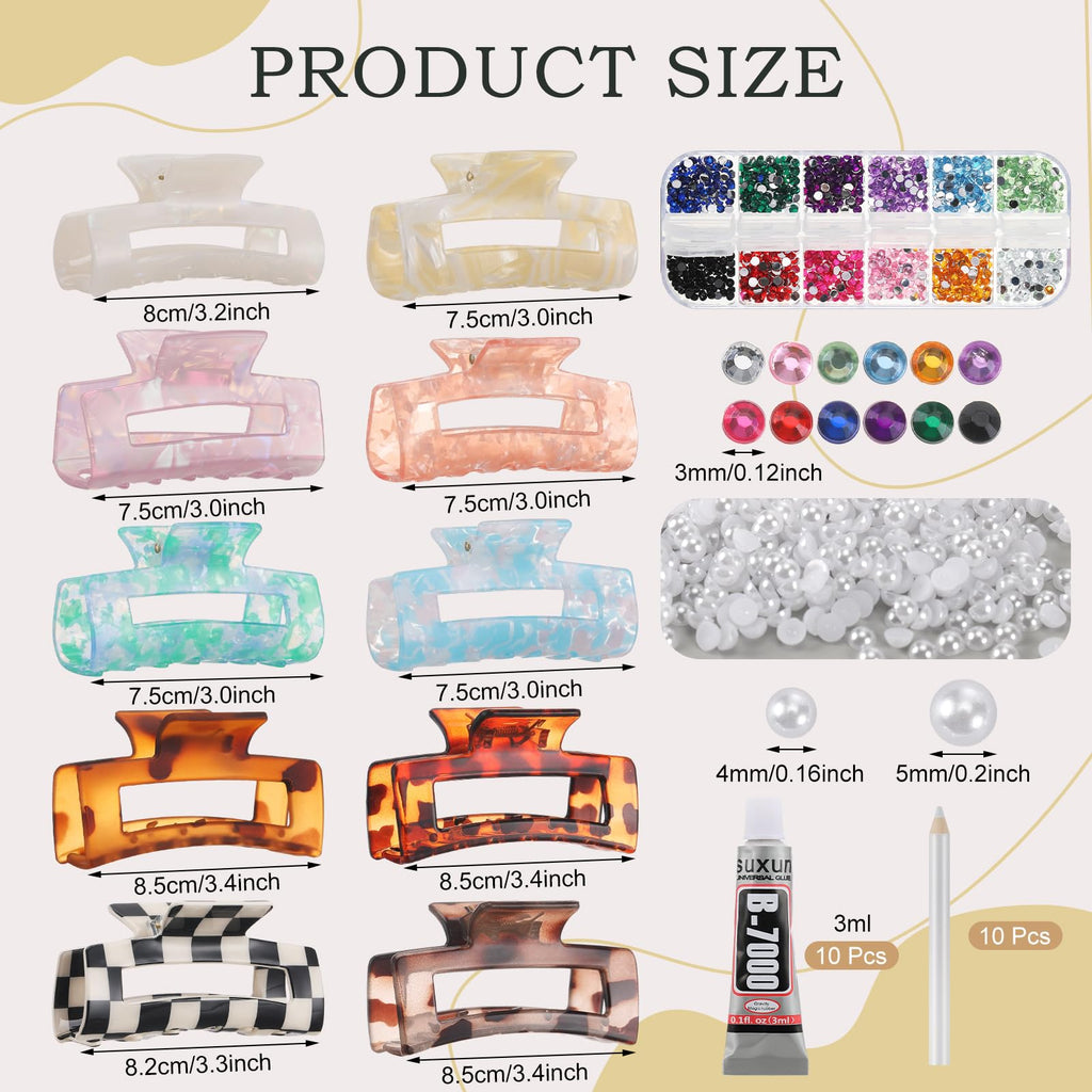 Yuxung 10 Sets DIY Hair Claw Clips Kit Acrylic Claw Clip with Resin Rhinestones Pearls Little Jewelry Decor for Girl's Night Sleepovers Party Supplies Aesthetic Hairpin for Women Adult Craft DIY