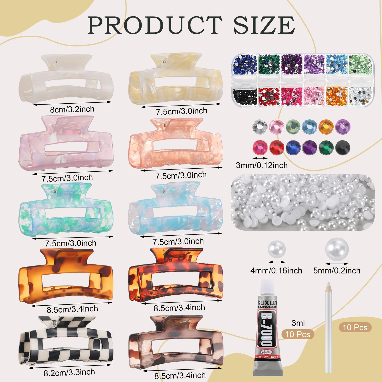 Yuxung 10 Sets DIY Hair Claw Clips Kit Acrylic Claw Clip with Resin Rhinestones Pearls Little Jewelry Decor for Girl's Night Sleepovers Party Supplies Aesthetic Hairpin for Women Adult Craft DIY