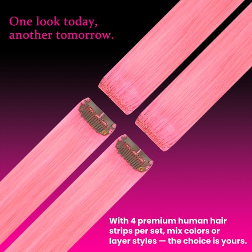 SWANNA 20 Inch Clip-In Human Hair Extensions – Peach Pink Highlights for Earloop Color, 100% Real Hair, 4PCS, Mix & Match for DIY Styles
