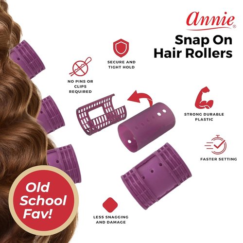 Annie Snap-On Magnetic Hair Rollers - Extra Jumbo 1.75 Inch for Secure Hold - Purple, 6 Count