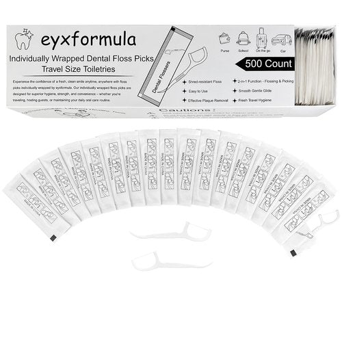 Eyxformula 500 Count Individually Wrapped Floss Picks, Disposable Mini Travel Size Dental Flossers, Bulk Individual Floss Sticks for Hotel Office Car Guest Bathroom On-The-Go Oral Care Teeth Clean