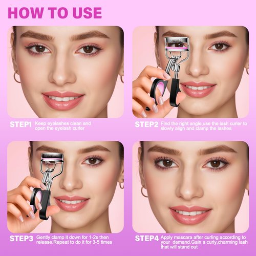 Eye Lash Curler with 6PCS Extra Replacement Strips, Whalrace Superior Curling Effect Eyelash Curlers, Easy & Comfortable to Grip and Use-Gpink