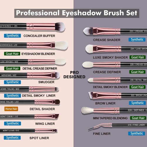 Bueart Design 15Pcs Professional grade Eye Makeup Brushes Set with Real Natural Goat Pony hair,Premium Soft Synthetic Eye shadow brush kit for Eyeshadow Concealer Crease blending Eyebrow, Eyeliner