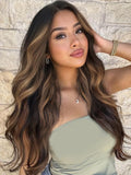 XIXIBI Long Brown Highlights Wigs for Women, Ombre Brown Mixed Blonde Wigs with Black Roots, Synthetic Long Curly Wavy Wigs With Lace Hairline, Heat Resistant Fiber Wig for Daily Party Use
