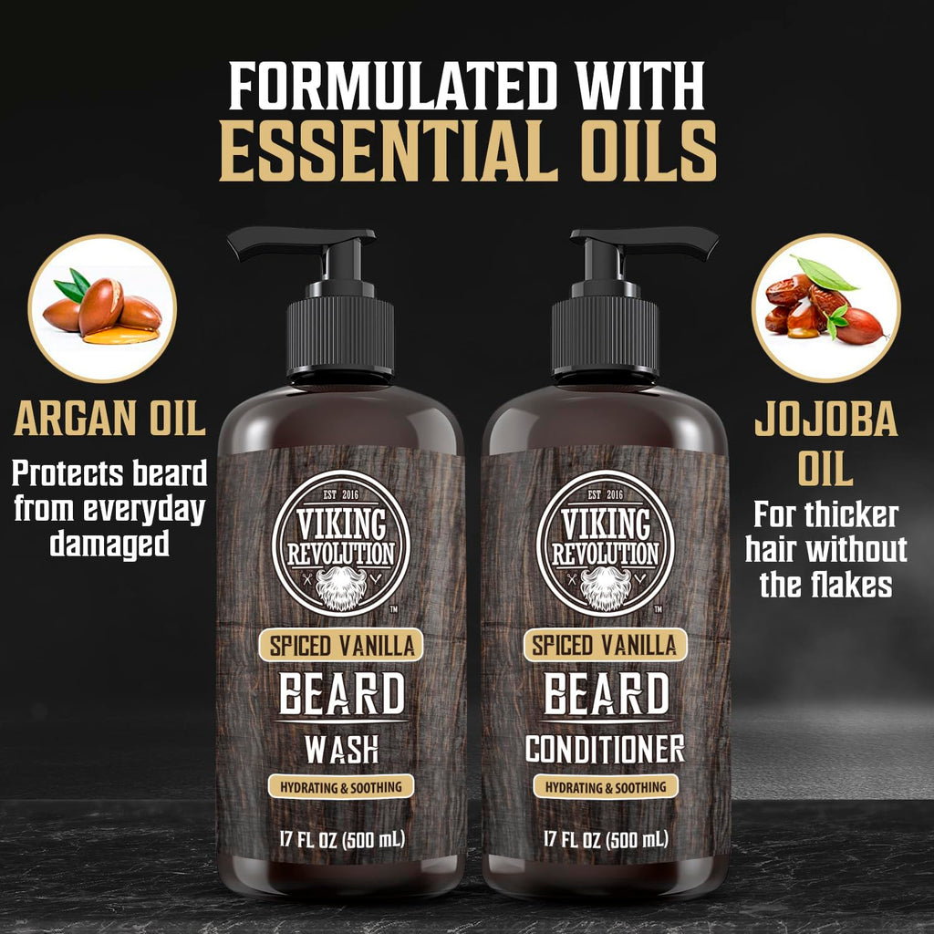 Viking Revolution Beard Wash and Beard Conditioner for Men with Argan Oil and Jojoba Oil - Beard Softener and Strengthener Beard Care Beard Shampoo and Conditioner with Beard Oil (17oz Spiced Vanilla)