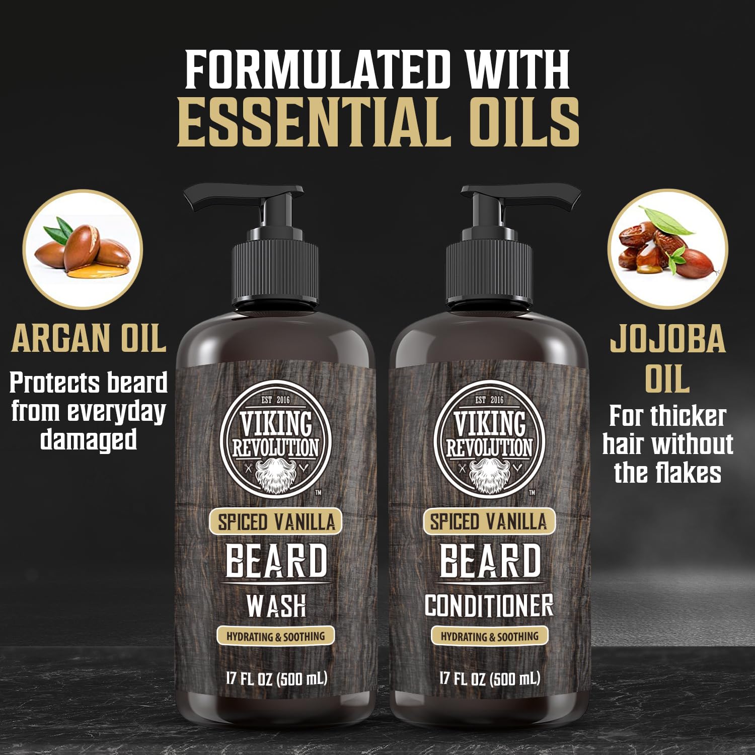 Viking Revolution Beard Wash and Beard Conditioner for Men with Argan Oil and Jojoba Oil - Beard Softener and Strengthener Beard Care Beard Shampoo and Conditioner with Beard Oil (17oz Spiced Vanilla)