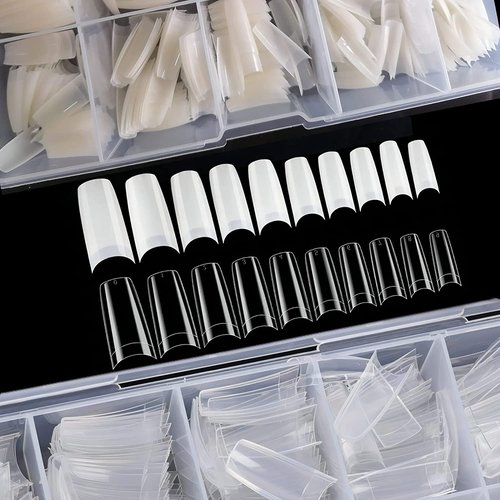 1000pcs Clear and Natural Acrylic Nail Tips,10 Size French Nail Tips For Acrylic Nails Half Cover False Nails Extension Artificial Fingernails
