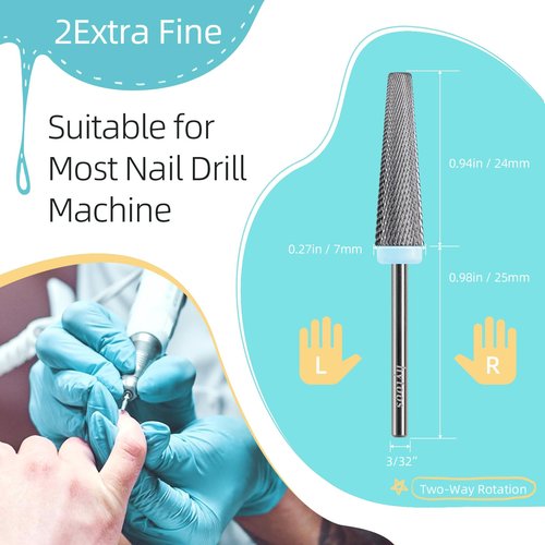 HYTOOS 24mm Super Long 5 in 1 Nail Drill Bits, Cross Tapered Carbide Bit, 3/32" Two-way Rotate for Both Hand, Remove Acrylic Nails/Gel, Electric File Tool Drills Manicure Accessories (2XF)