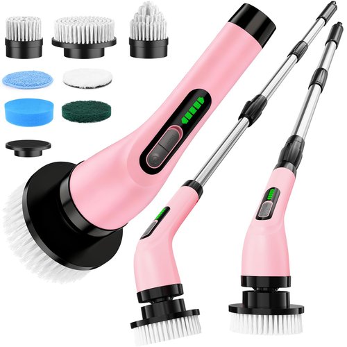 Highyes Electric Spin Scrubber for Cleaning Bathroom: Cordless Power Shower Scrubber - Electric Cleaning Brush for Tile Tub - Pink