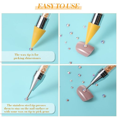 Tatuo 2 Pieces Rhinestone Picker Dotting Pen, Dual-ended Rhinestone Gems Crystals Studs Picker Wax Pencil Pen Crystal Beads Handle Manicure Nail Art DIY Decoration Tool (Green, Yellow)