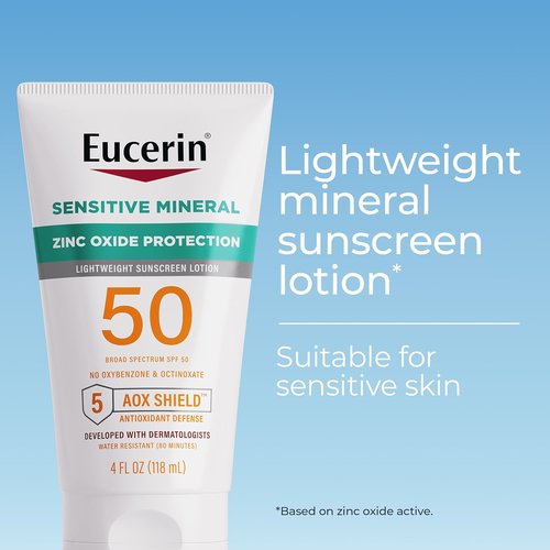 Eucerin Sunscreen Lotion SPF 50 - Mineral Protection with Zinc Oxide | Hypoallergenic for Sensitive Skin, 4 Fl Oz
