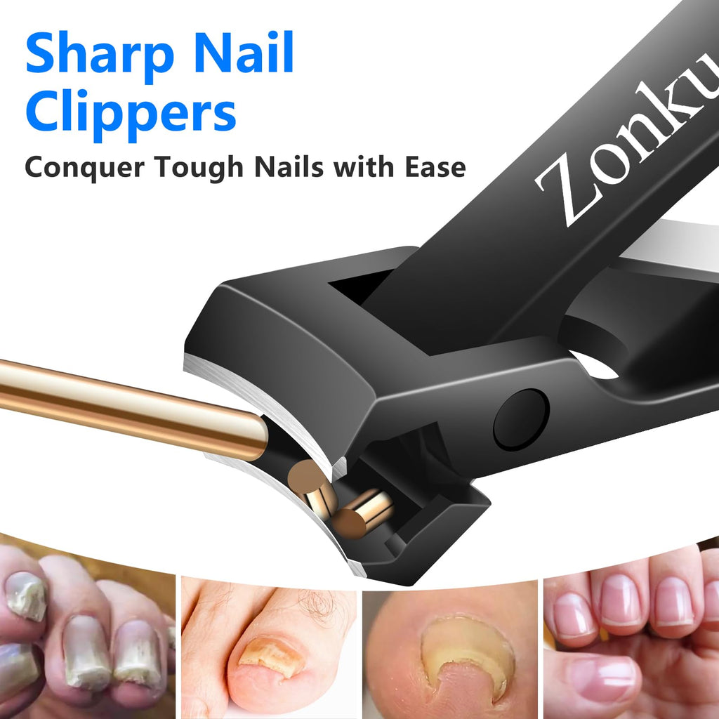 Zonku Toenail Clippers for Seniors Thick Nails,Ultra Wide Jaw Angled Head for Large Toe Nail Clippers for Men Women, Heavy Duty Stainless Steel with Long Handle Cutter,Nail File(Black)
