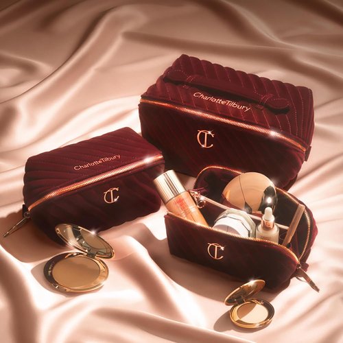 Charlotte Tilbury Travel Makeup Bag - Quilted Velvet Cosmetic Organizer with 5 Compartments & Zip Pocket - Iconic Night Crimson