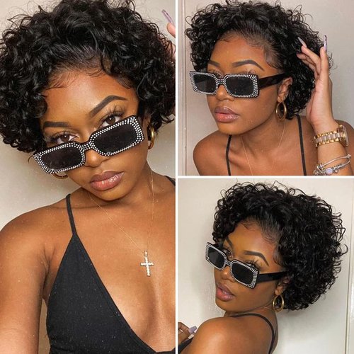Kinky Curly Short Wavy Human Hair 6 Bundles with 4x4 Closure Brazilian Kinky Curly Bundles Human Hair Extensions Natural Color(8"8"8"8"8"8"+8")25g/Bundle