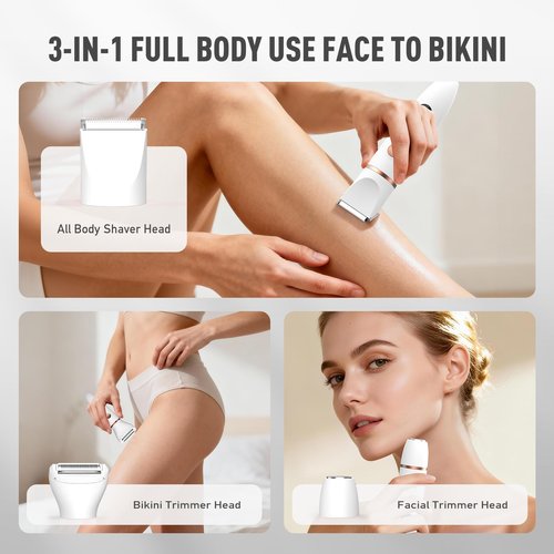 Crolanli Bikini Trimmer for Women, 3-in-1 Electric Razors for Women, IPX7 Waterproof Rechargeable Cordless Pubic Hair Shaver, with LED Display, for Ladies Bikini Pubic, Face, Underarms, Legs(White)