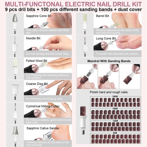 Professional Manicure Pedicure Kit, 9 in 1 Cordless Nail Drill with 100 pcs Nail Drill Bits Sanding Bands, Nail Grinder for Human, 5 Speeds, Nail Dremel Kit for Home and Salon Use
