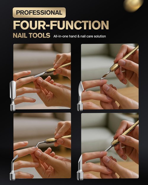 FERYES 4-in-1 Cuticle Pusher Tool-Curved/Smooth/Chisel/Horseshoe Heads + Thread-Lock Handle for Secure Salon Manicures