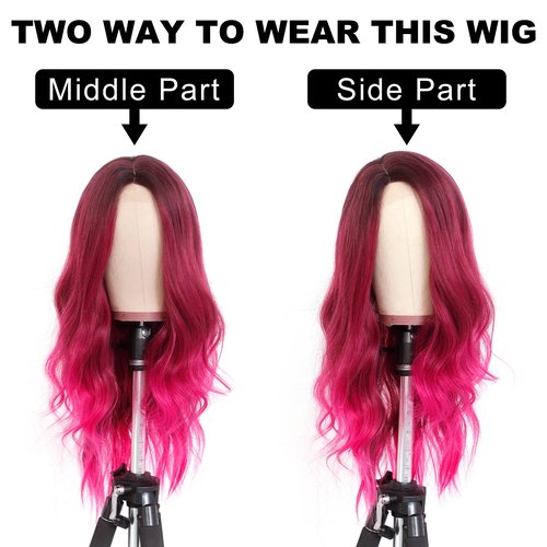 7JHH WIGS Hot Pink Long Wig with Dark Root Middle Part Lace Front Wavy Burgundy Ombre Pink Wig Body Wave Synthetic Wig for Women Transparent Lace Wig Hair 180% Density Daily Wear Wig 27 inch