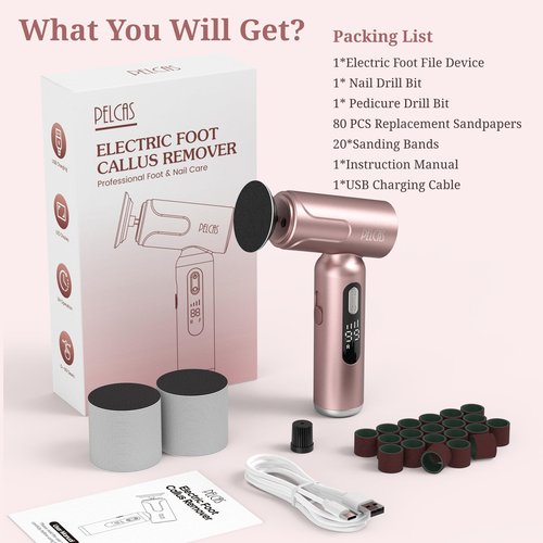 PELCAS Electric Foot Callus Remover with LED Screen, 2 in 1 Manicure & Pedicure Kit, 100 PCS Sandpapers Electric Foot File for Women & Men, Cordless Feet Filer for Foot Callus, Thick Nails Pink