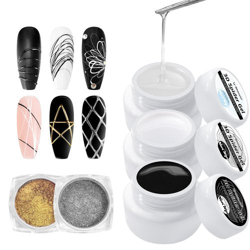 U-Shinein 3Pcs Spider Gel Set: Black & White & Transparent 3D Spider Gel Polish with Metallic Silver Gold Chrome Nail Powder for Nail Arts