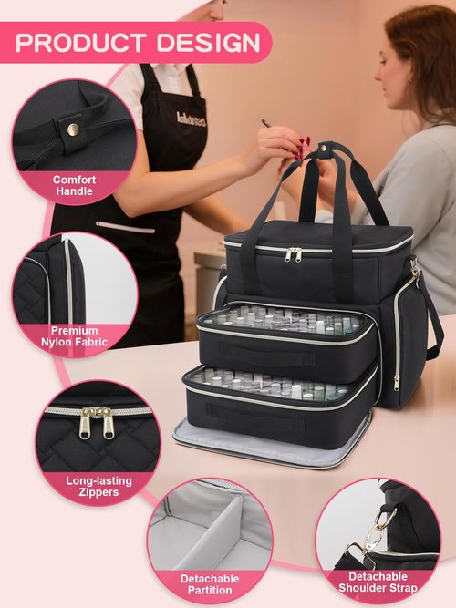 Nail Polish Organizer Case Holds 96 Bottles (15ml/0.5 fl.oz) and a Nail Dryer,Gel Polish Case Bag with 2 Removable Pouches,Nail Supplies Organizer for Nail Technicians & DIY Manicure Lovers,Black
