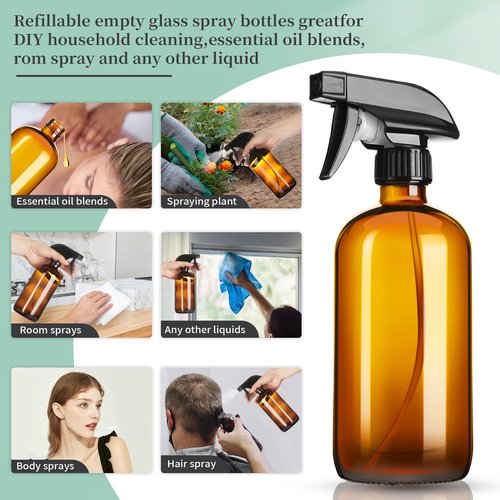GIVAMEIHF 16oz Amber Glass Spray Bottles,4 Pack Glass Spray Bottles Refillable Empty Bottle with Adjustable Nozzle,Spray Bottle for Cleaning,Essential Oils,Cleaning,Pets,Plant, Hair Mister