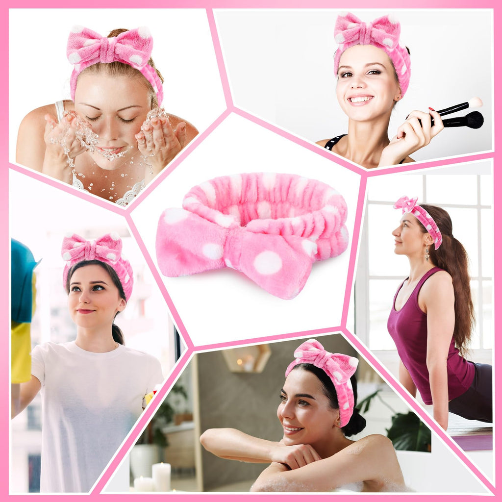 Wavyknot 50 Pcs Pink Spa Headband Bulk Spa Sleepover Party Supplies for Washing Face with Removable Bow Makeup Elastic Bowknot Headbands for Women Gifts Soft Skincare Microfiber Hairbands(Dots Style)