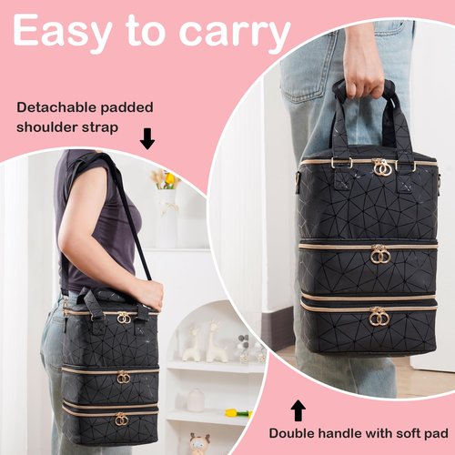 Uross Nail Polish Organizer Bag Holds 60 Bottles Nail Polish & Nail Lamp, Large Gel Polish Organizers and Storage box for Nail Tech, Nail Kit Supplies Organizer Case - Black
