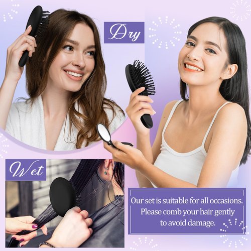 Meanplan 48 Pcs Mini Hair Brush Set 24 Travel Wet Dry Hair Combs Pocket Detangling 24 Compact Folding Makeup Mirrors for Spa Sleepover Birthday Bridal Shower Bachelorette Christmas Party Gift(Black)